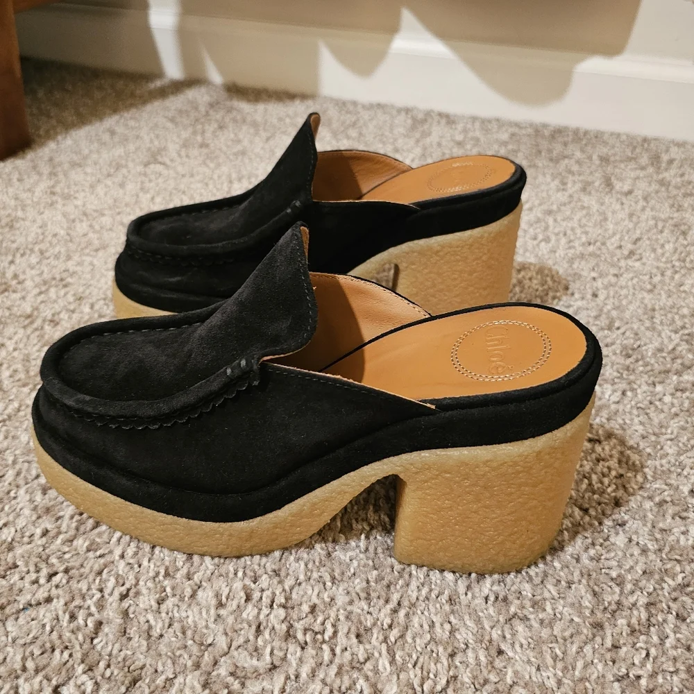 Chloé Black Suede Mules with Cream Crepe Platform - Picture 11 of 12